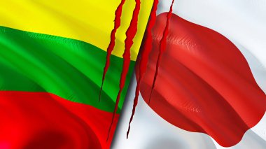 Yara izi olan Litvanya ve Japonya bayrakları. Dalgalanan bayrak, 3 boyutlu görüntüleme. Litvanya ve Japonya çatışma konsepti. Litvanya Japonya ilişkileri kavramı. Litvanya bayrağı ve Japonya krizi, savaş, saldırı konsepti