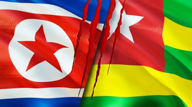 Yara izi olan Kuzey Kore ve Togo bayrakları. Dalgalanan bayrak, 3 boyutlu görüntüleme. Kuzey Kore ve Togo çatışma konsepti. Kuzey Kore Togo ilişkileri kavramı. Kuzey Kore bayrağı ve Togo krizi, savaş, attac