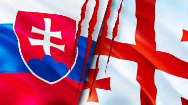Slovakya ve Gürcistan bayraklarında yara izi var. Dalgalanan bayrak, 3 boyutlu görüntüleme. Slovakya ve Gürcistan çatışma konsepti. Slovakya Gürcistan ilişkileri. Slovakya ve Gürcistan bayrağı krizi, savaş, attac