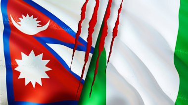 Yara izi olan Nepal ve Nijerya bayrakları. Dalgalanan bayrak, 3 boyutlu görüntüleme. Nepal ve Nijerya çatışma konsepti. Nepal Nijerya ilişkileri konsepti. Nepal ve Nijerya krizi bayrağı, savaş, saldırı konsepti