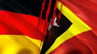 Almanya ve Doğu Timor yara izi olan bayraklar. Dalgalanan bayrak, 3 boyutlu görüntüleme. Almanya ve Doğu Timor çatışma konsepti. Almanya Doğu Timor ilişkileri kavramı. Almanya bayrağı ve Doğu Timor krizi, savaş