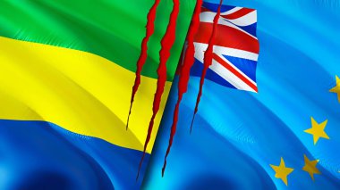 Gabon ve Tuvalu yara izi olan bayraklar. Dalgalanan bayrak, 3 boyutlu görüntüleme. Gabon ve Tuvalu çatışma konsepti. Gabon Tuvalu ilişkileri kavramı. Gabon ve Tuvalu bayrağı kriz, savaş, saldırı konsepti