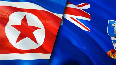 Kuzey Kore ve Falkland Adaları bayrakları. 3 boyutlu dalgalanan bayrak tasarımı. Kuzey Kore Falkland Adaları bayrağı, resim, duvar kağıdı. Kuzey Kore, Falkland Adaları 'na karşı. Görüntü 3D. Kuzey Kore Falkland Adası