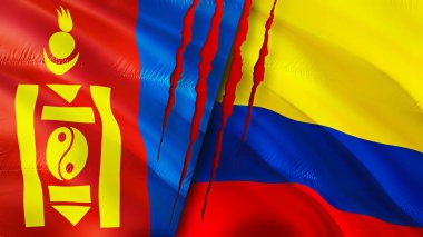 Yara izi olan Moğolistan ve Kolombiya bayrakları. Dalgalanan bayrak, 3 boyutlu görüntüleme. Moğolistan ve Kolombiya çatışma konsepti. Moğolistan Kolombiya ilişkileri kavramı. Moğolistan ve Kolombiya bayrağı krizi, savaş, attac