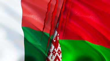 Madagaskar ve Belarus bayrakları yara izi konseptiyle. Dalgalanan bayrak, 3 boyutlu görüntüleme. Madagaskar ve Belarus çatışma konsepti. Madagaskar Belarus ilişkileri kavramı. Madagaskar bayrağı ve Belarus krizi, savaş