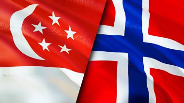 Singapur ve Norveç bayrakları. 3 boyutlu dalgalanan bayrak tasarımı. Singapur Norveç bayrağı, resim, duvar kağıdı. Singapur Norveç 'e karşı, görüntü 3 boyutlu. Singapur Norveç ilişkileri ittifak ve ticaret, seyahat, turnuva