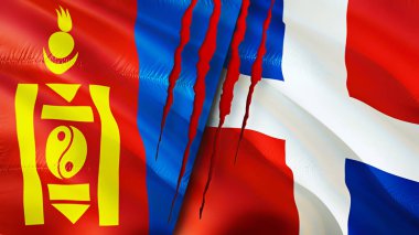 Yara izi olan Moğolistan ve Dominik Cumhuriyeti bayrakları. Dalgalanan bayrak, 3 boyutlu görüntüleme. Moğolistan ve Dominik Cumhuriyeti çatışma konsepti. Moğolistan Dominik Cumhuriyeti ilişkileri kavramı. Moğol bayrağı