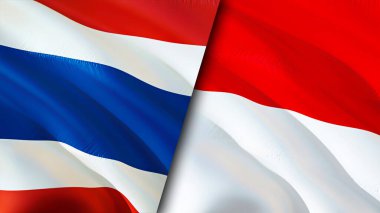 Tayland ve Monako bayrakları. 3 boyutlu dalgalanan bayrak tasarımı. Tayland Monako bayrağı, resim, duvar kağıdı. Tayland, Monako 'ya karşı, görüntü 3 boyutlu. Tayland Monako ilişkileri ittifak ve ticaret, seyahat, turizm konsepti