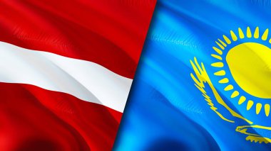 Letonya ve Kazakistan bayrakları. 3 boyutlu dalgalanan bayrak tasarımı. Letonya Kazakistan bayrağı, resim, duvar kağıdı. Letonya Kazakistan 'a karşı, görüntü 3 boyutlu. Letonya Kazakistan ilişkileri ittifak ve ticaret, seyahat, turnuva