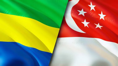 Gabon ve Singapur bayrakları. 3 boyutlu dalgalanan bayrak tasarımı. Gabon Singapur bayrağı, resim, duvar kağıdı. Gabon Singapur 'a karşı, görüntü 3 boyutlu. Gabon Singapur ilişkileri ittifak ve ticaret, seyahat, turizm konsepti