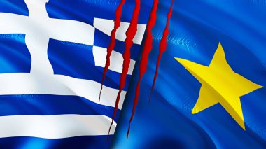 Yunanistan ve DR Kongo bayraklarında yara izi var. Dalgalanan bayrak, 3 boyutlu görüntüleme. Yunanistan ve DR Kongo çatışma konsepti. Yunanistan DR Kongo ilişkileri kavramı. Yunanistan ve DR Kongo bayrağı krizi, savaş, saldırı konsepti