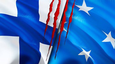 Finlandiya ve Mikronezya yara izi olan bayraklar. Dalgalanan bayrak, 3 boyutlu görüntüleme. Finlandiya ve Mikronezya çatışma konsepti. Finlandiya Mikronezya ilişkileri kavramı. Finlandiya bayrağı ve Mikronezya krizi, savaş