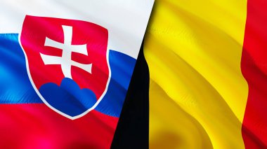 Slovakya ve Belçika bayrakları. 3 boyutlu dalgalanan bayrak tasarımı. Slovakya Belçika bayrağı, resim, duvar kağıdı. Slovakya, Belçika 'ya karşı, görüntü 3 boyutlu. Slovakya Belçika ilişkileri ittifak ve ticaret, seyahat, turnuva