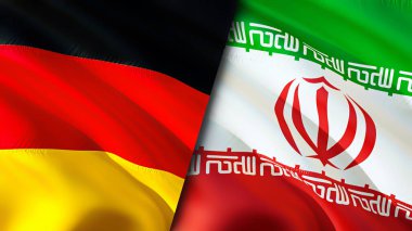 Almanya ve İran bayrakları. 3 boyutlu dalgalanan bayrak tasarımı. Almanya İran bayrağı, resim, duvar kağıdı. Almanya, İran 'a karşı, görüntü 3 boyutlu. Almanya İran ilişkileri ittifak ve ticaret, seyahat, turizm konsepti