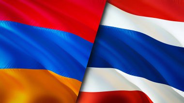 Ermenistan ve Tayland bayrakları. 3 boyutlu dalgalanan bayrak tasarımı. Ermenistan Tayland bayrağı, resim, duvar kağıdı. Ermenistan, Tayland 'a karşı, görüntü 3 boyutlu. Ermenistan Tayland ilişkileri ve