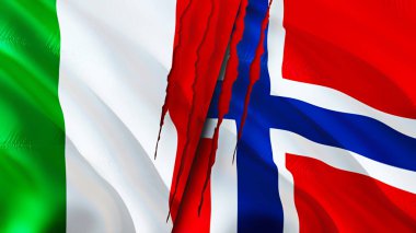 İtalya ve Norveç yara izi kavramına sahip bayraklar. Dalgalanan bayrak, 3 boyutlu görüntüleme. İtalya ve Norveç çatışma konsepti. İtalya Norveç ilişkileri kavramı. İtalya ve Norveç bayrağı krizi, savaş, saldırı konsepti