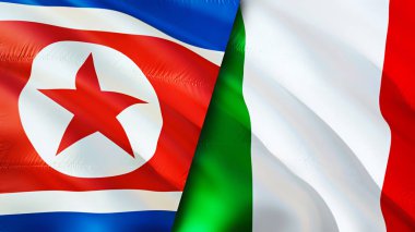 Kuzey Kore ve İtalya bayrakları. 3 boyutlu dalgalanan bayrak tasarımı. Kuzey Kore İtalya bayrağı, resim, duvar kağıdı. Kuzey Kore İtalya 'ya karşı, görüntü 3D. Kuzey Kore İtalya ilişkileri ittifak ve ticaret, seyahat, turnuva