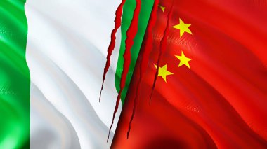 Nijerya ve Çin yara izi olan bayraklar. Dalgalanan bayrak, 3 boyutlu görüntüleme. Nijerya ve Çin çatışma konsepti. Nijerya Çin ilişkileri kavramı. Nijerya ve Çin bayrağı krizi, savaş, saldırı konsepti