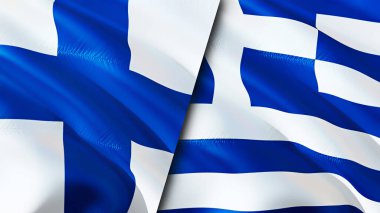 Finlandiya ve Yunanistan bayrakları. 3 boyutlu dalgalanan bayrak tasarımı. Finlandiya Yunanistan bayrağı, resim, duvar kağıdı. Finlandiya, Yunanistan 'a karşı imaj, 3D görüntüleme. Finlandiya Yunanistan ile ittifak ve ticaret, seyahat ve turizm ilişkileri