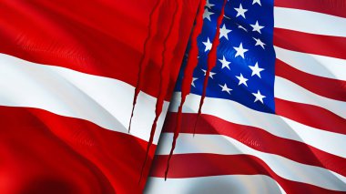 Letonya ve ABD bayraklarında yara izi var. Dalgalanan bayrak, 3 boyutlu görüntüleme. Letonya ve ABD çatışma konsepti. Letonya ABD ilişkileri kavramı. Letonya bayrağı ve ABD krizi, savaş, saldırı konsepti