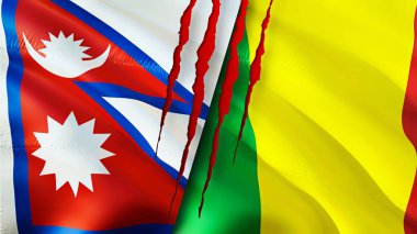 Yara izi olan Nepal ve Mali bayrakları. Dalgalanan bayrak, 3 boyutlu görüntüleme. Nepal ve Mali çatışma konsepti. Nepal Mali ilişkileri kavramı. Nepal ve Mali krizi bayrağı, savaş, saldırı konsepti
