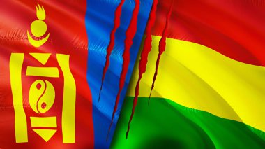 Yara izi olan Moğolistan ve Bolivya bayrakları. Dalgalanan bayrak, 3 boyutlu görüntüleme. Moğolistan ve Bolivya çatışma konsepti. Moğolistan Bolivya ilişkileri. Moğolistan bayrağı ve Bolivya krizi, savaş, attac