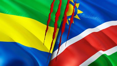 Gabon ve Namibya bayrakları ve yara izi konsepti. Dalgalanan bayrak, 3 boyutlu görüntüleme. Gabon ve Namibya çatışma konsepti. Gabon Namibya ilişkileri kavramı. Gabon ve Namibya bayrağı krizi, savaş, saldırı konsepti