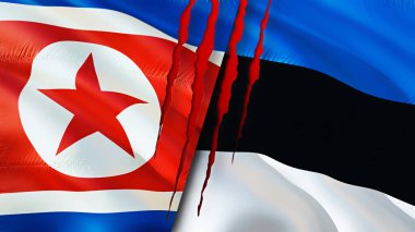 Yara izi olan Kuzey Kore ve Estonya bayrakları. Dalgalanan bayrak, 3 boyutlu görüntüleme. Kuzey Kore ve Estonya çatışma konsepti. Kuzey Kore Estonya ilişkileri kavramı. Kuzey Kore ve Estoni bayrağı