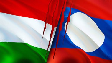 Macaristan ve Laos yara izi konseptli bayraklar. Dalgalanan bayrak, 3 boyutlu görüntüleme. Macaristan ve Laos çatışma konsepti. Macaristan Laos ilişkileri kavramı. Macaristan ve Laos bayrağı kriz, savaş, saldırı konsepti