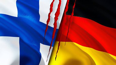 Yara izi olan Finlandiya ve Almanya bayrakları. Dalgalanan bayrak, 3 boyutlu görüntüleme. Finlandiya ve Almanya çatışma konsepti. Finlandiya Almanya ilişkileri kavramı. Finlandiya bayrağı ve Almanya krizi, savaş, saldırı konsepti