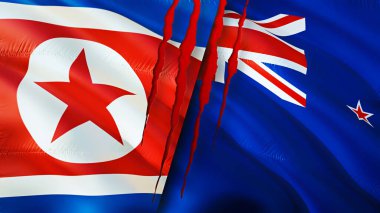 Kuzey Kore ve Yeni Zelanda bayraklarında yara izi var. Dalgalanan bayrak, 3 boyutlu görüntüleme. Kuzey Kore ve Yeni Zelanda çatışma konsepti. Kuzey Kore Yeni Zelanda ilişkileri kavramı. Kuzey Kore ve Ne bayrağı