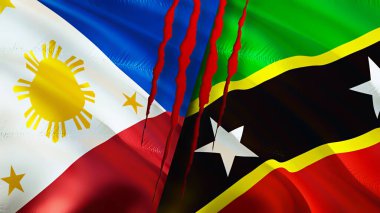 Filipinler, Saint Kitts ve yara izi olan Nevis bayrakları. Dalgalanan bayrak, 3 boyutlu görüntüleme. Filipinler, Saint Kitts ve Nevis çatışma konsepti. Filipinler Saint Kitts ve Nevis ilişkileri kavramı