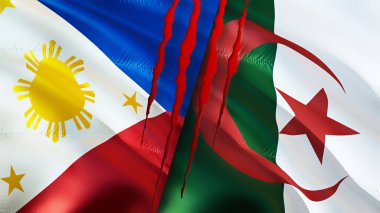 Yara izi olan Filipinler ve Cezayir bayrakları. Dalgalanan bayrak, 3 boyutlu görüntüleme. Filipinler ve Cezayir çatışma konsepti. Filipinler Cezayir ilişkileri kavramı. Filipinler ve Algeri bayrağı