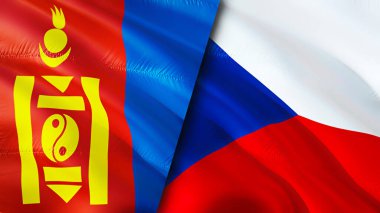 Moğolistan ve Çek bayrakları. 3 boyutlu dalgalanan bayrak tasarımı. Moğolistan Çek bayrağı, resim, duvar kağıdı. Moğolistan, Çek imajına karşı, 3 boyutlu canlandırma. Moğolistan Çek İlişkileri İttifak ve Ticaret, Seyahat, Turizm Konsepti