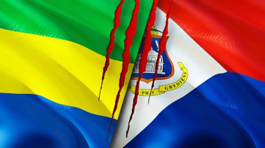 Gabon ve Sint Maarten yara izi olan bayraklar. Dalgalanan bayrak, 3 boyutlu görüntüleme. Gabon ve Sint Maarten çatışma konsepti. Gabon Sint Maarten ilişki kavramı. Gabon bayrağı ve Sint Maarten krizi, savaş