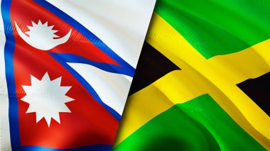 Nepal ve Jamaika bayrakları. 3 boyutlu dalgalanan bayrak tasarımı. Nepal Jamaika bayrağı, resim, duvar kağıdı. Nepal, Jamaika 'ya karşı, görüntü 3 boyutlu. Nepal Jamaika ilişkileri ittifak ve ticaret, seyahat, turizm konsepti