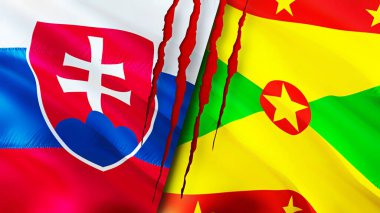 Slovakya ve yara izi olan Grenada bayrakları. Dalgalanan bayrak, 3 boyutlu görüntüleme. Slovakya ve Grenada çatışma konsepti. Slovakya Grenada ilişkileri kavramı. Slovakya bayrağı ve Grenada krizi, savaş, attac