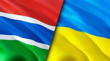 Gambiya ve Ukrayna bayrakları. 3 boyutlu dalgalanan bayrak tasarımı. Gambiya Ukrayna bayrağı, resim, duvar kağıdı. Gambiya, Ukrayna 'ya karşı, görüntü 3 boyutlu. Gambiya Ukrayna ilişkileri ittifak ve ticaret, seyahat, turizm konsepti