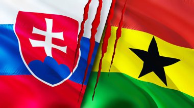 Slovakya ve Gana bayraklarında yara izi var. Dalgalanan bayrak, 3 boyutlu görüntüleme. Slovakya ve Gana çatışma konsepti. Slovakya Gana ilişkileri kavramı. Slovakya ve Gana bayrağı krizi, savaş, saldırı konsepti