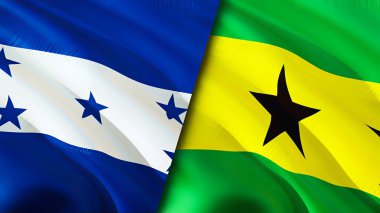 Honduras ve Sao Tome ve Principe bayrakları. 3 boyutlu dalgalanan bayrak tasarımı. Honduras Sao Tome ve Principe bayrağı, resim, duvar kağıdı. Honduras, Sao Tome 'a karşı ve Principe imajı, 3D görüntüleme. Honduras Sao Tome ve