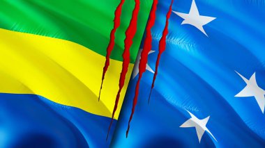 Gabon ve Mikronezya yara izi olan bayraklar. Dalgalanan bayrak, 3 boyutlu görüntüleme. Gabon ve Mikronezya çatışma konsepti. Gabon Mikronezya ilişkileri kavramı. Gabon bayrağı ve Mikronezya krizi, savaş, attac