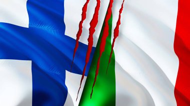Yara izi olan Finlandiya ve İtalya bayrakları. Dalgalanan bayrak, 3 boyutlu görüntüleme. Finlandiya ve İtalya çatışma konsepti. Finlandiya İtalya ilişkileri kavramı. Finlandiya bayrağı ve İtalya krizi, savaş, saldırı konsepti