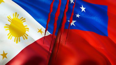 Yara izi olan Filipinler ve Samoa bayrakları. Dalgalanan bayrak, 3 boyutlu görüntüleme. Filipinler ve Samoa çatışma konsepti. Filipinler Samoa ilişkileri konsepti. Filipinler bayrağı ve Samoa krizi, savaş, attac