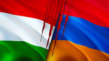 Macaristan ve Ermenistan bayrakları ve yara izi konsepti. Dalgalanan bayrak, 3 boyutlu görüntüleme. Macaristan ve Ermenistan çatışma konsepti. Macaristan Ermenistan ilişkileri kavramı. Macaristan ve Ermenistan bayrağı krizi, savaş, saldırı konsepti