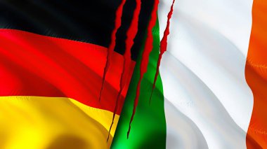 Yara izi olan Almanya ve İrlanda bayrakları. Dalgalanan bayrak, 3 boyutlu görüntüleme. Almanya ve İrlanda çatışma konsepti. Almanya İrlanda ilişkileri kavramı. Almanya ve İrlanda bayrağı krizi, savaş, saldırı konsepti