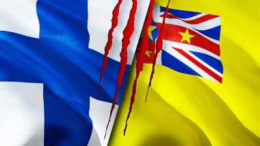 Yara izi olan Finlandiya ve Niue bayrakları. Dalgalanan bayrak, 3 boyutlu görüntüleme. Finlandiya ve Niue çatışma konsepti. Finlandiya Niue ilişkileri kavramı. Finlandiya bayrağı ve Niue krizi, savaş, saldırı konsepti