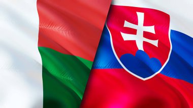 Madagaskar ve Slovakya bayrakları. 3 boyutlu dalgalanan bayrak tasarımı. Madagaskar Slovakya bayrağı, resim, duvar kağıdı. Madagaskar, Slovakya 'ya karşı, görüntü 3 boyutlu. Madagaskar Slovakya ilişkileri