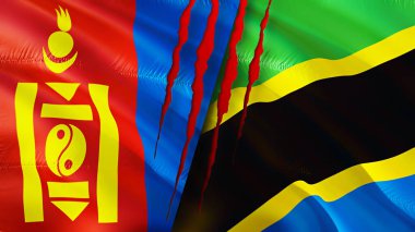Yara izi olan Moğolistan ve Tanzanya bayrakları. Dalgalanan bayrak, 3 boyutlu görüntüleme. Moğolistan ve Tanzanya çatışma konsepti. Moğolistan Tanzanya ilişkileri kavramı. Moğolistan bayrağı ve Tanzanya krizi, savaş, attac