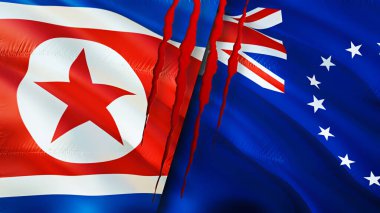 Kuzey Kore ve Cook Adaları yara izi olan bayraklar. Dalgalanan bayrak, 3 boyutlu görüntüleme. Kuzey Kore ve Cook Adaları çatışma konsepti. Kuzey Kore Cook Adaları ilişkileri kavramı. Kuzey Kore bayrağı