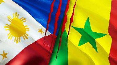 Yara izi olan Filipinler ve Senegal bayrakları. Dalgalanan bayrak, 3 boyutlu görüntüleme. Filipinler ve Senegal çatışma konsepti. Filipinler Senegal ilişkileri konsepti. Filipinler ve Senega bayrağı